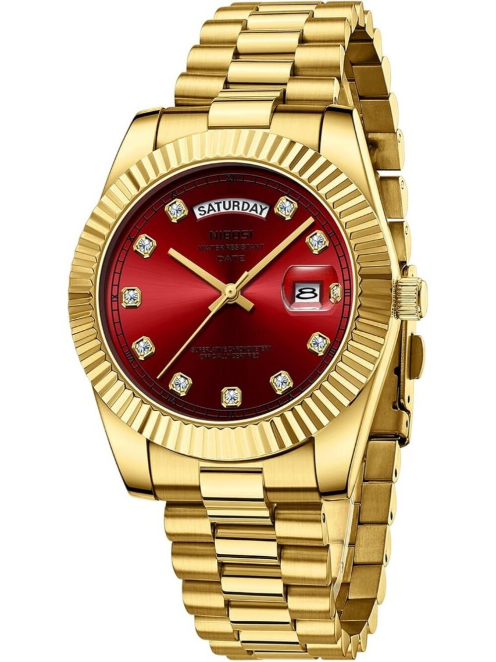 Nibosi Men's Gold Red Analog Quartz Stainless Dimond Waterproof Desiger Watch
